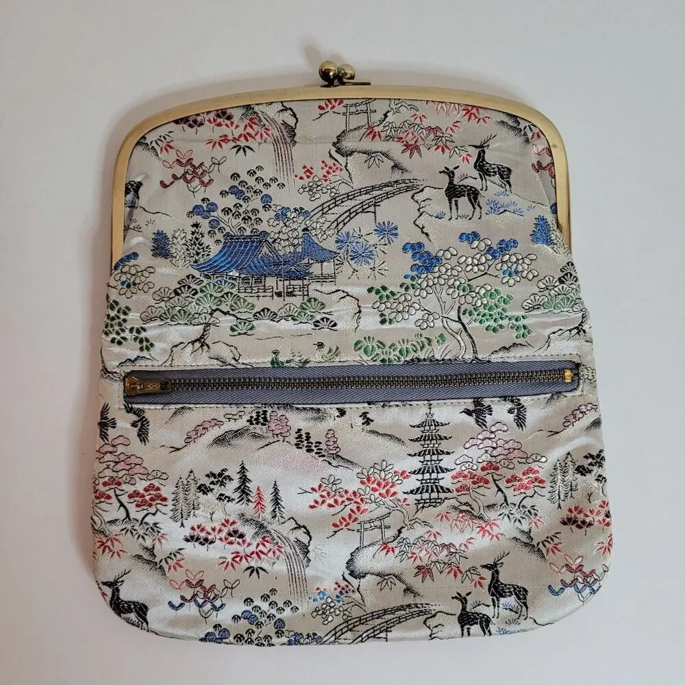 Vintage M Yamamoto & Co. Clutch Satin Brocade Kiss Lock Purse Japan Floral Kyoto